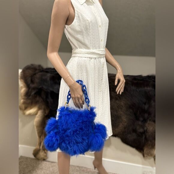 Multi Style Use Handmade Real Shearling Drawstring Bucket Bag with 4 Fur Balls - Picture 3 of 17